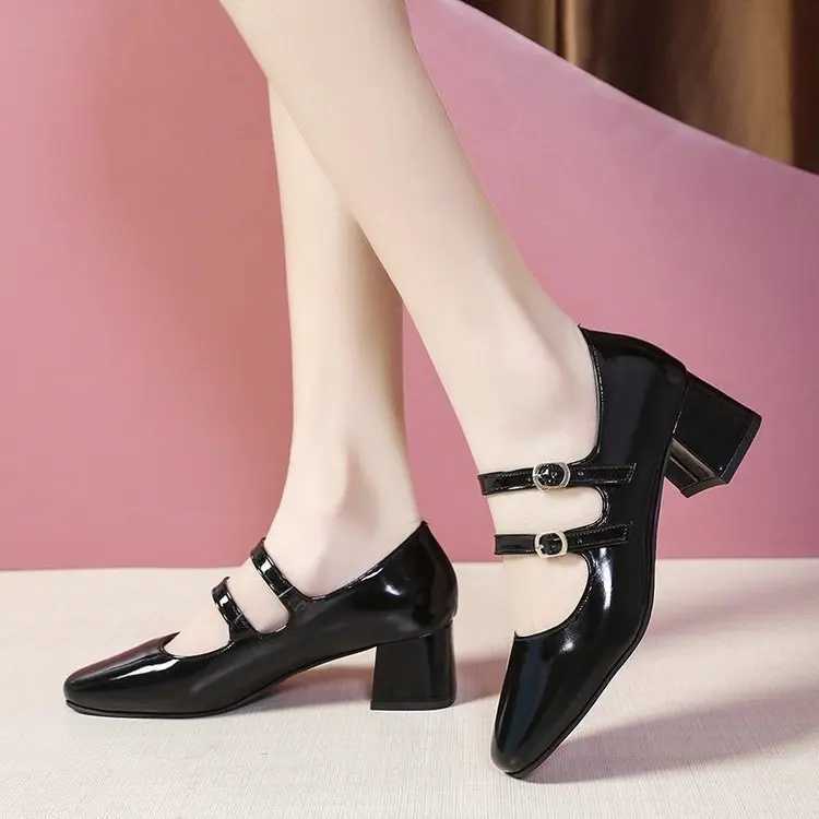 High Quality Autumn New Thick Single Shoes Square Head Shallow Mouth E-Line Buckle Mary Jane Fey High Heels T241024