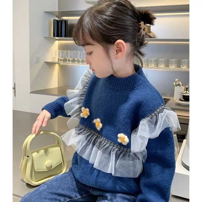 2024 Autumn Winter Baby Girls Knitted 3D Lace Thick Velvet Childrens Girls Sweater Round Neck Childrens Girls Zipper W241025