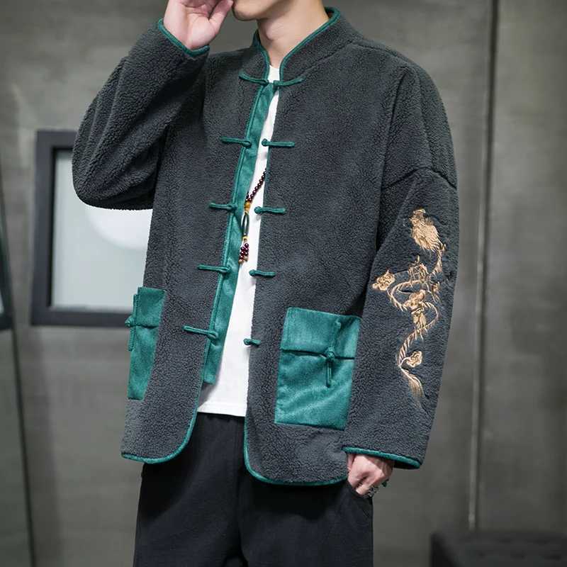 2023 autumn winter mens cashmere cotton padded jacket mens dragon embroidery Parkasmens warm velvet coat Chinese style Parkas W241024