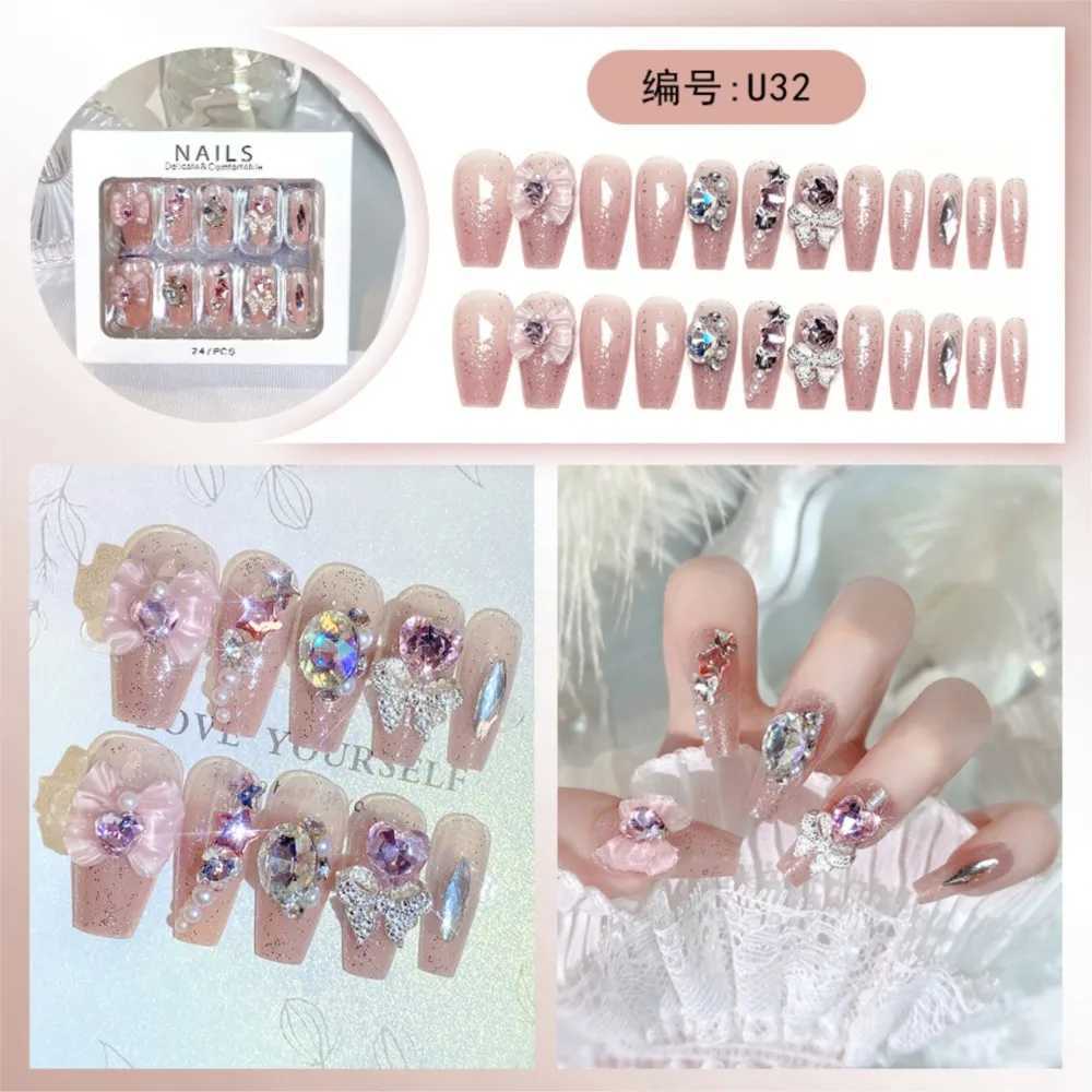 24Pcs Acrylic Handmade Press on Nails Medium Ballerina Fake Nails with Butterfly Rhinestone Wedding False Nails Party for GirlsXJ241025