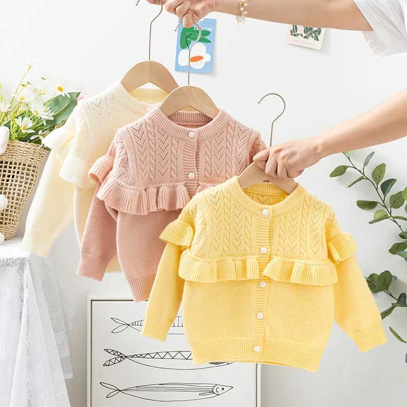 Pudcoco childrens autumn knitted cardigan wool sweater solid color pleated long sleeved crew collar button down sweater 1-5T W241025