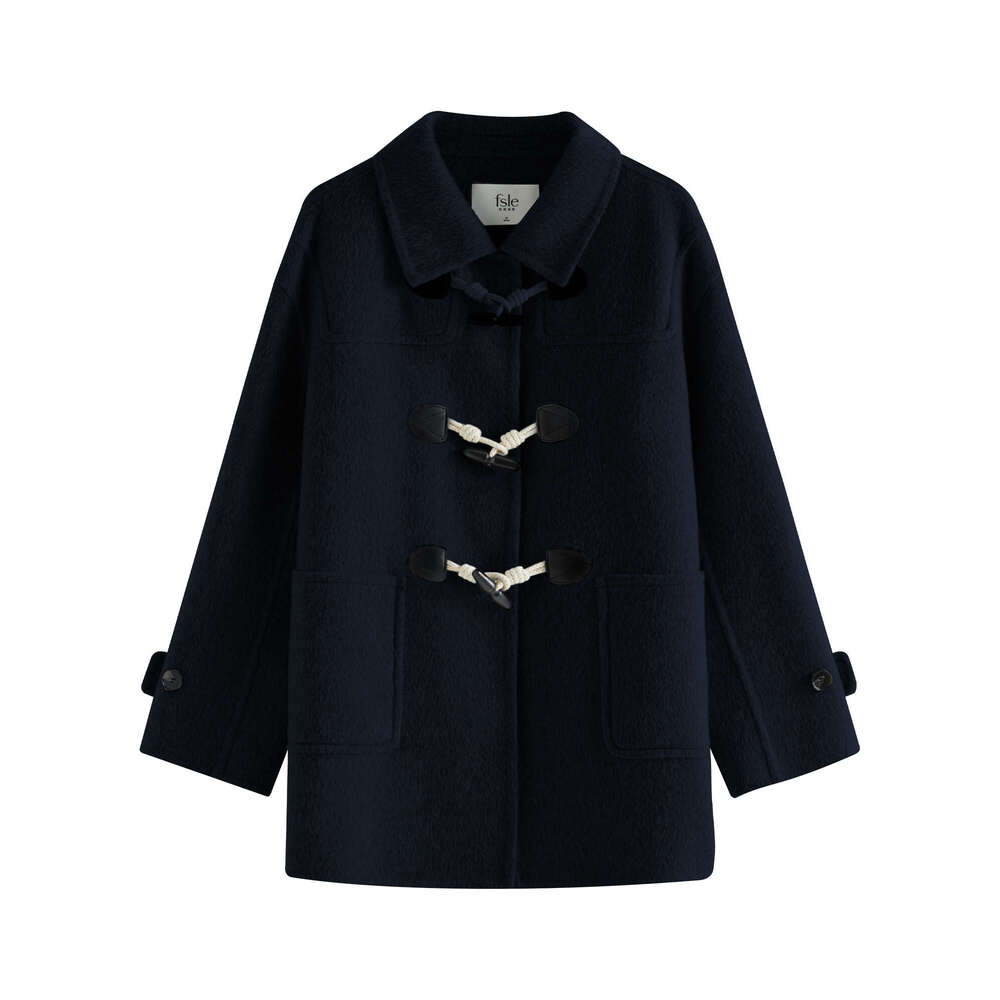 FSLE 100% Wool Two Color College Style Cowl Button Reversible Tweed Coat For Women 2024 Winter New Design Casual Jacket24fs14239