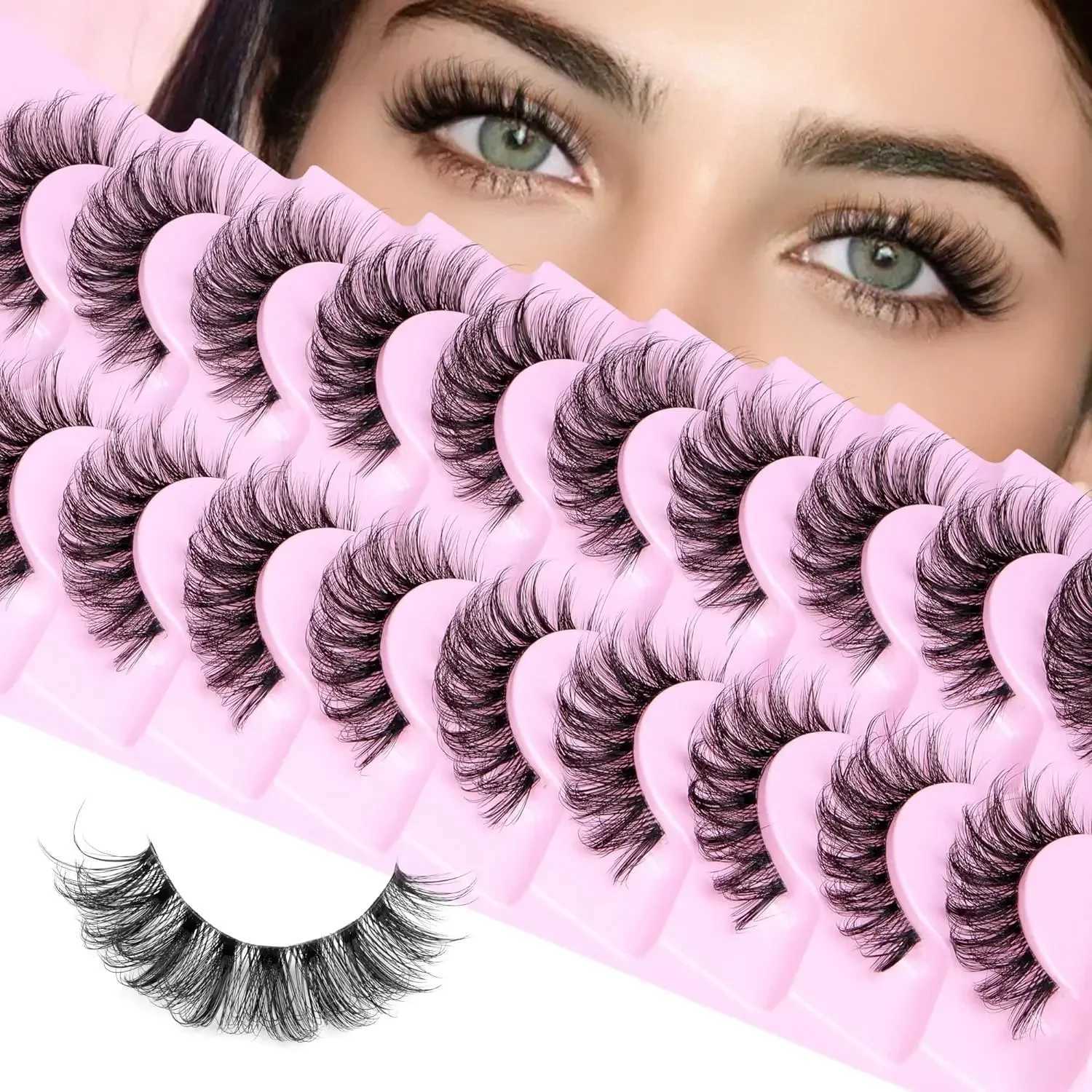10 pairs of natural fluffy eyelashes D-curled eyelashes 3D curly eyelashes Wispy fake eyelash strips transparent tape eyelash bagsW241024