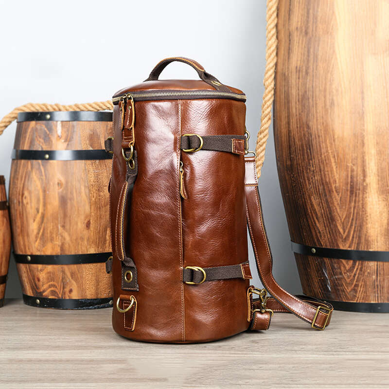 Leathfocus New Head Layer Cowhide Round Bucket Bag Women Travel Fashion Large Handbag Men Retro Tote Backpack