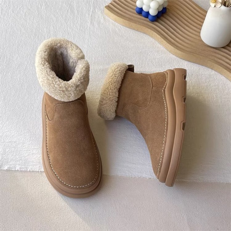 free shipping new designer suede snow boots women's winter soft leather and fleece booties 2024 new warm lambswool cotton shos