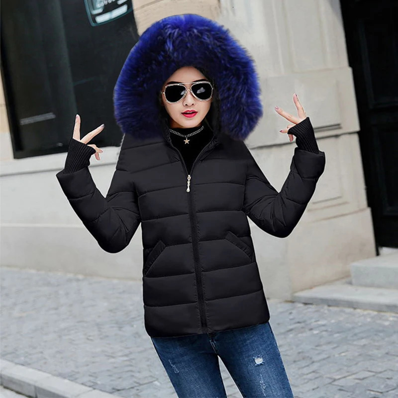 Fashion Black Jacket Cotton Padded Fur Parka Big Collar Down Winter Women Thick Warm Parkas Female Outerwear 241021