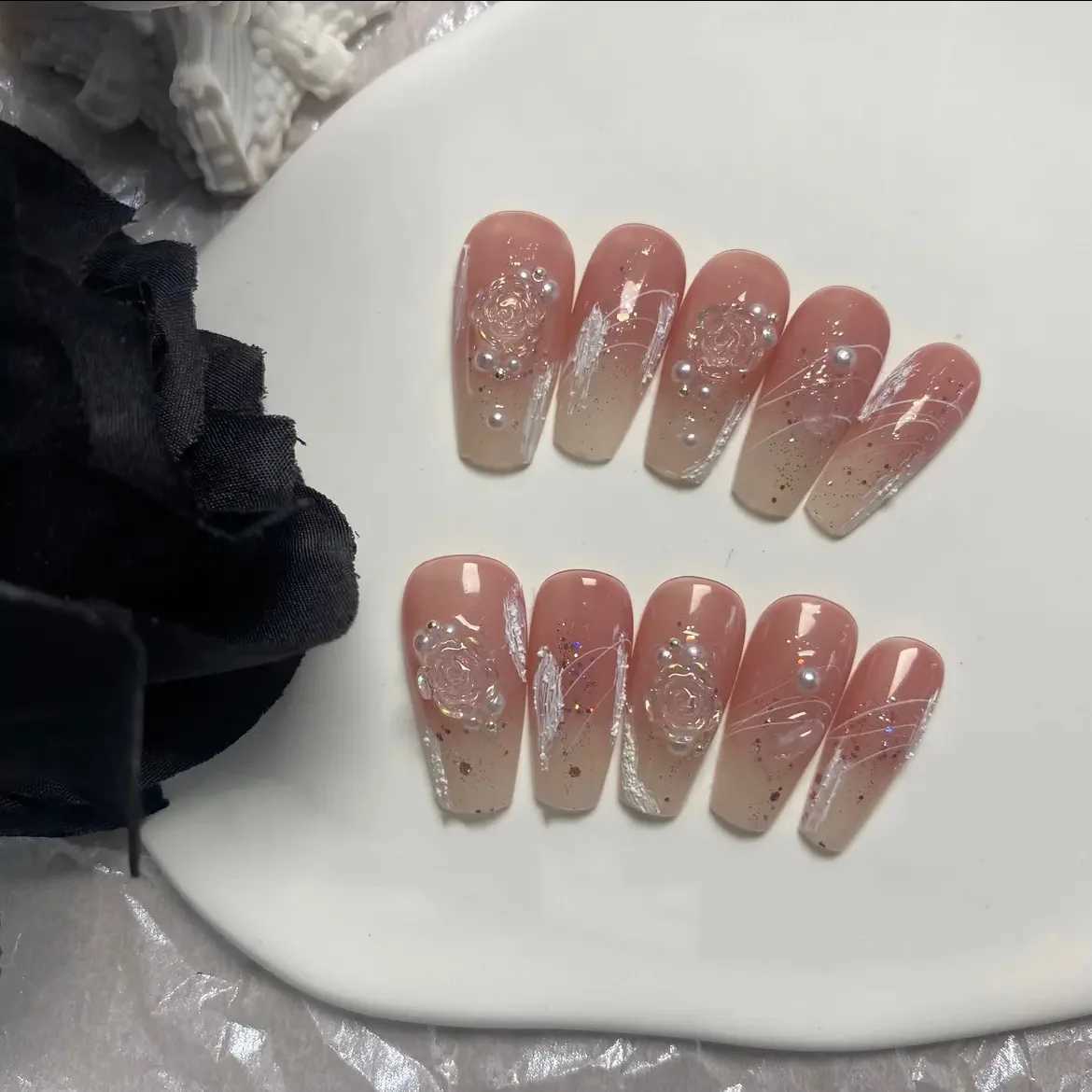 10Pcs Sweet Pink Handmade Press On Nails Ballerina Japanise with Rhinestones Wearable False Nails Decoration Fake Nails Tips ArtXJ241025