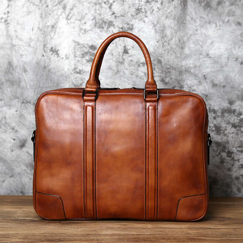 retro handmade mens handbag top layer cowhide briefcase vegetable tanned leather horizontal business computer bag