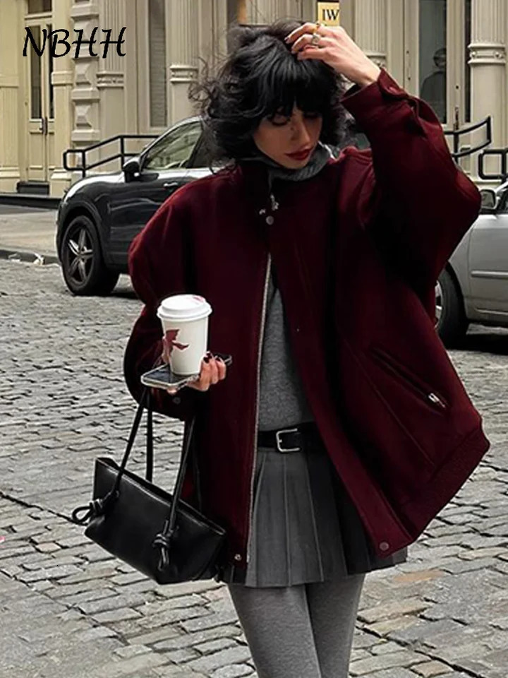 Fashion Wine Red Womens Baseball Bomber Jacket Rack Collar Long Sleeve Zipper Pocket Coat Autumn Loose Casual Coat 241024
