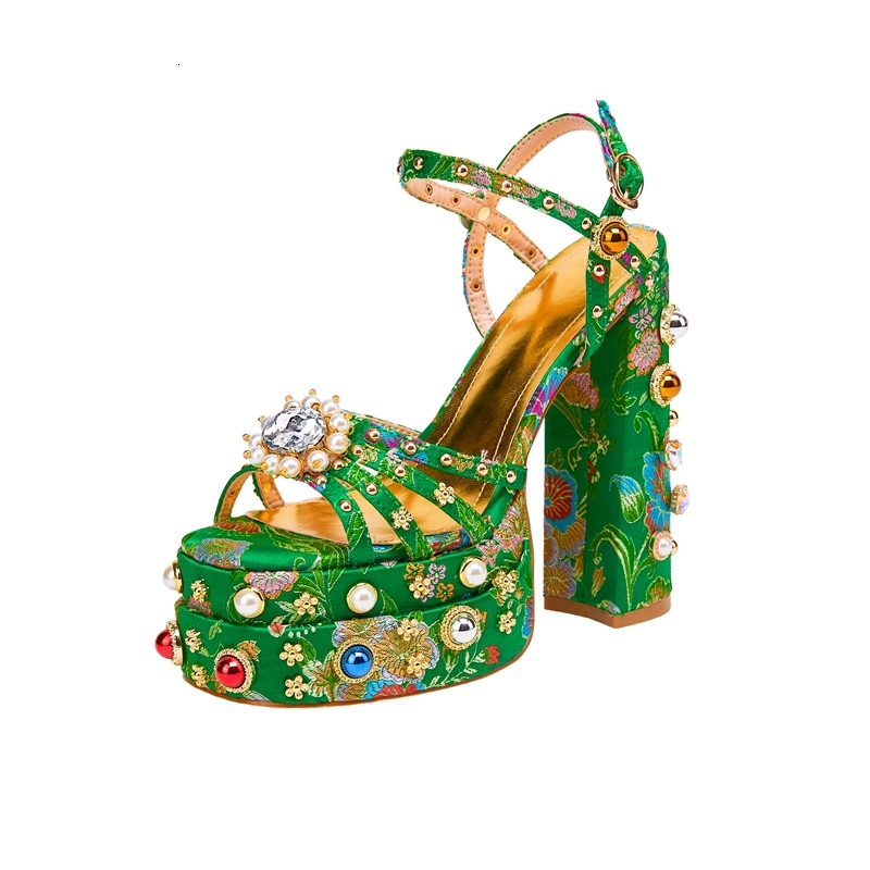 Women's New Summer Sandals Waterproof Platform Thick Bottom Water Dia Pearl Rivet Wer Satin Open Toe High Heel Large