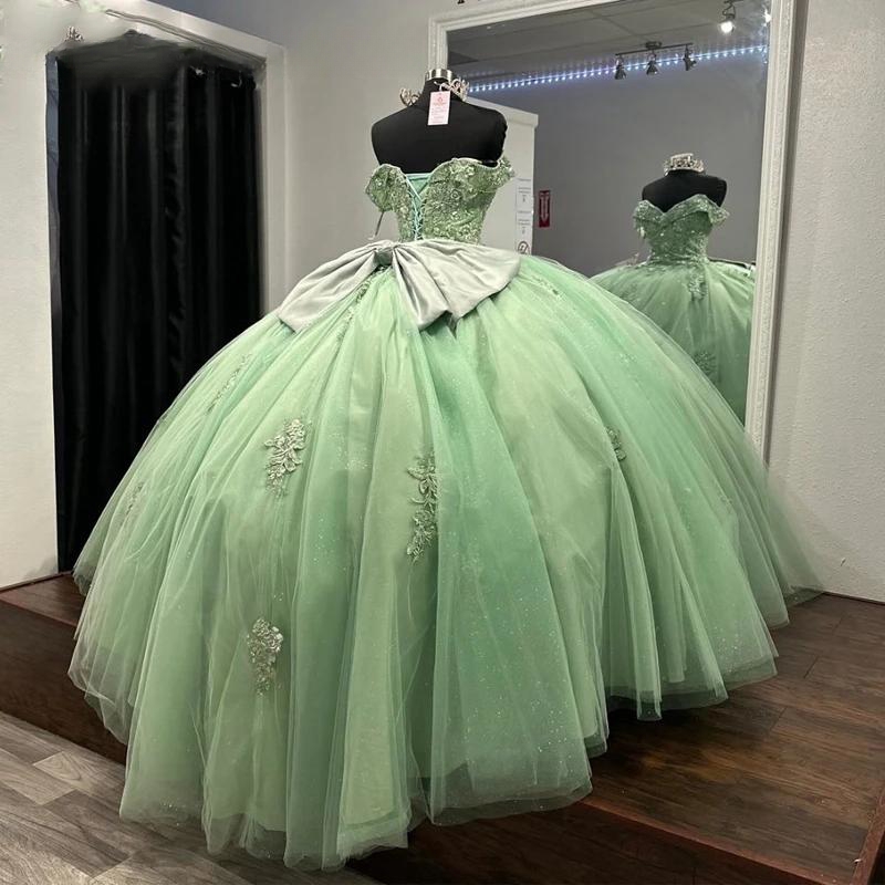 Sage Green Shiny Quinceanera Dresses Ball Gown Off The Shoulder Lace Applique Beaded Crystal Bow Tull Corset Sweet 16 Dress Vestidos De 15 Anos