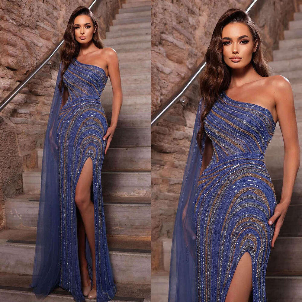 Elegant Sheath Gown Evening Sequins Lace One-Shoulder Celebrity Party Prom Dresses Plus Custom Size Color