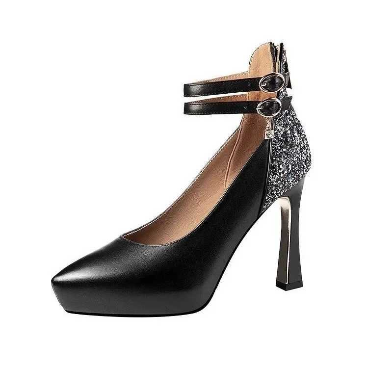 High Quality Rhine Diamd Single Shoes Spring New Black Leather Shoes Waterproof Platform High Heels 10cm Large Womens Shoes 34-43 T241024