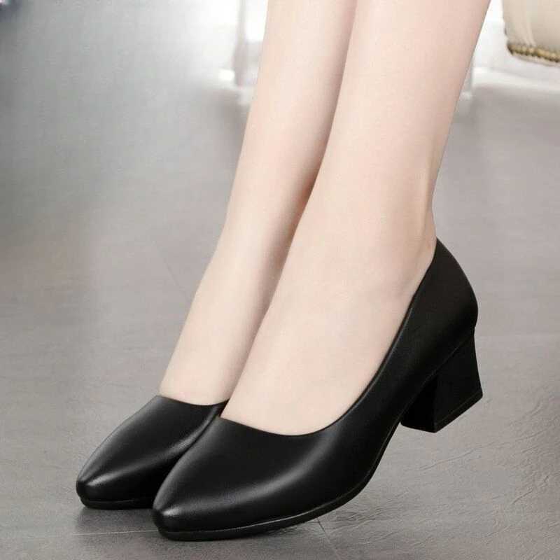 High Quality Thick heel work shoes black mid heel dress leather shoes flight attendant professional freight agent T241024