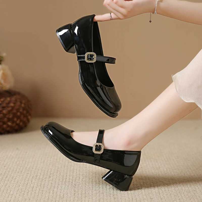 High Quality Womens Pump New Mary Jane Womens Large Belt Buckle Womens Small Leather Shoes Thick High Heels T241024