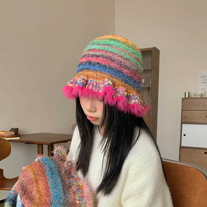 Winter Woolen Cap Rainbow Striped Warm Knitted Hat For Women Ruffle Warm Ski Caps Fashion Elastic Fisherman HatsX241025