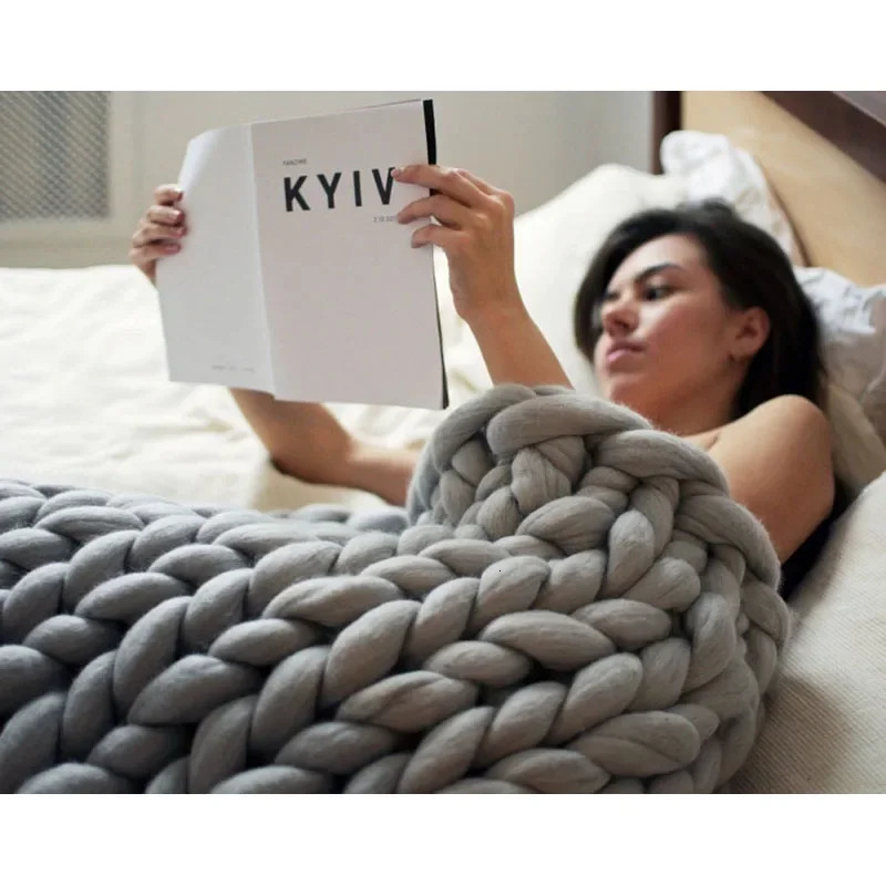 2024 Chunky Merino Wool Blankets Stitch Thick Large Yarn Roving Knitted Blanket Winter Warm Throw Plaid Sofa Bed Decorative 241024