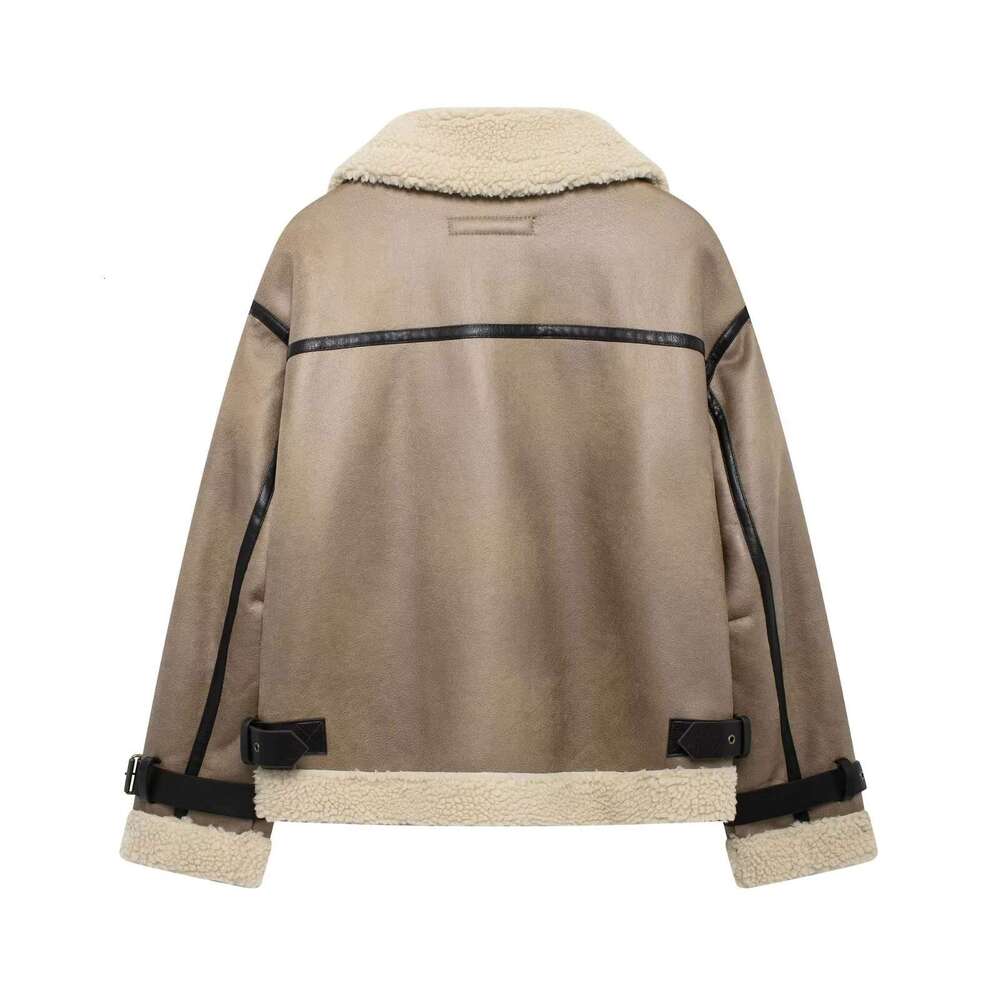 TRAFZA Women Fashion Ing New 2024 Retro Loose Fleece Zipper Lapel Jacket Autumn Winter Stylish Coat