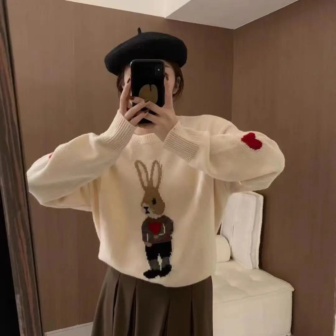 Korean Fashion Y2k Pulls Autumn Winter Cartoon Bunny Round Neck Pullover Long Sleeve Knitted Sweater for Women 241021