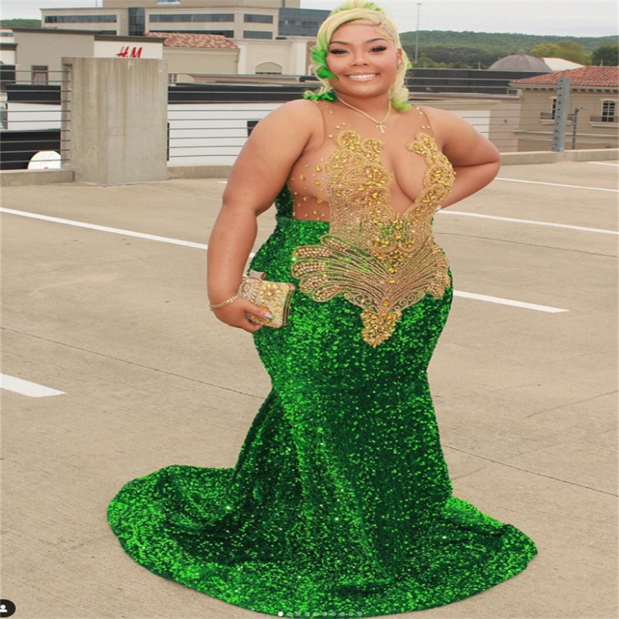 Large Size Green And Gold Prom Dresses 2025 Luxury Full Sequin Beaded Crystal Mermaid Evening Dress South African Formal Party Vestios De Fiesta Birth