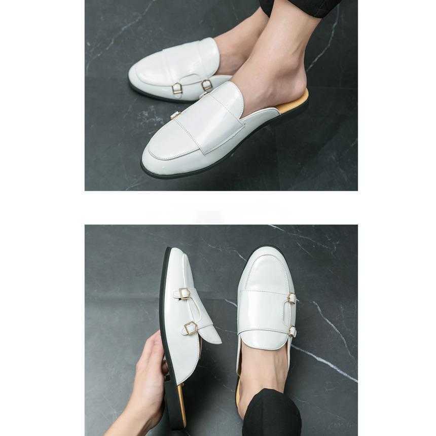 Men Dress Shoes Mens Shiny Small Leather Shoes Summer New Style Casual Shoes Hooded Half Slippers Breathable And Backless Shoes 241009