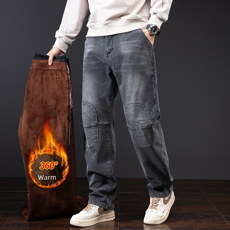 Winter Mens Spliced Jeans Brushed Thick Hip Hop Baggy Warm Denim Pants Casual Cargo Trousers Loose Jean Bottoms 241010