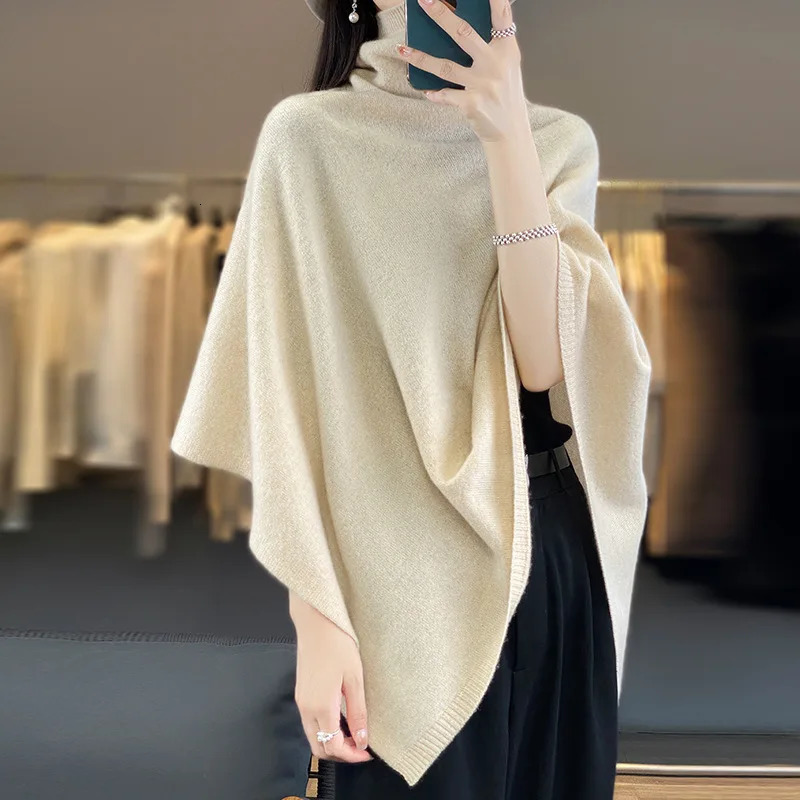 Autumn and Winter 100% Wool Pile Collar Large Shawl for Women Pure Color Asymmetrical Versatile Knitted Cape with 241021