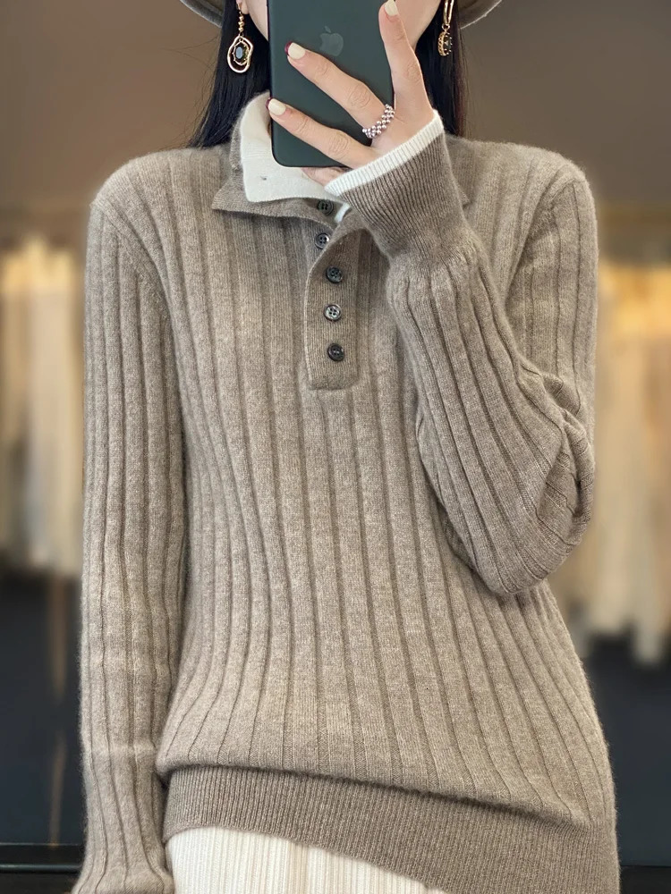 High Quality Women Autumn Winter Casual Turndown Collar Pullover Cashmere Sweater 100% Merino Wool Knitwear Clothing Tops 241021
