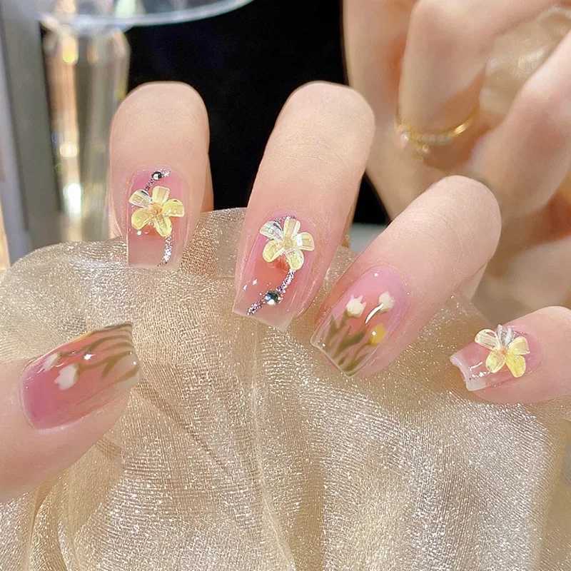 24Pcs Glitter Diamond Press On Nails Blush Pink Cat Eye Fake Nails Sweet Cute Coffin Full Cover Short Square False Nail Tips ArtXJ241025