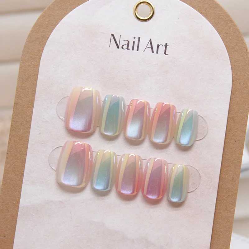 10Pcs Candy Color Gradient Press Fake Nail Full Cover Cat Magnetic Design French Almond Fake Nails Wearable Manicure Nail TipsXJ241025