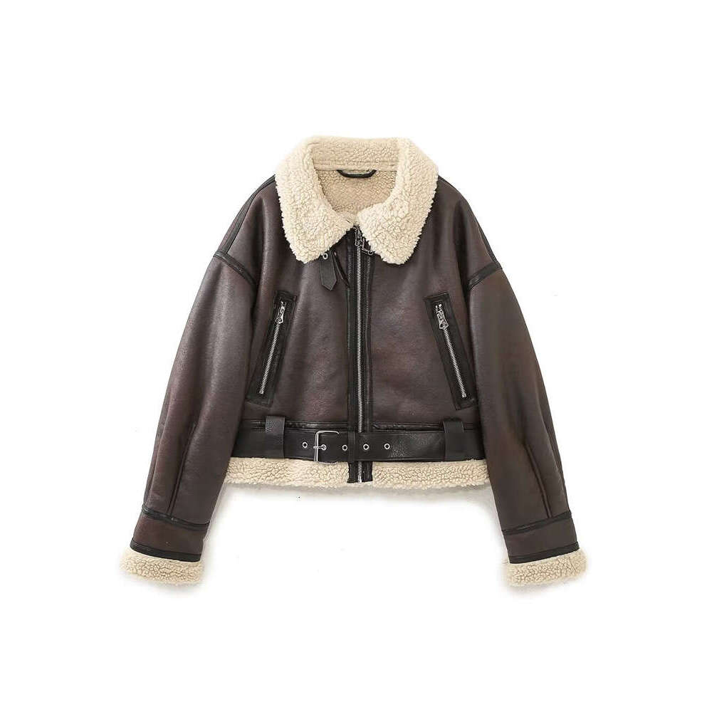 KAOPU ZA Women Faux Fur Trims Thick Warm Winter Double-Faced Biker Jacket Coat Vintage Long Sleeve Female Outerwear Chic Tops