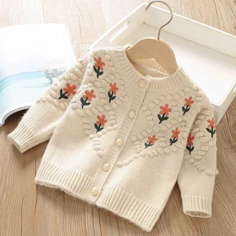 Girls autumn clothing floral childrens sweaters embroidered jacquard knitted cardigans warm childrens jackets Korean baby clothing W241025