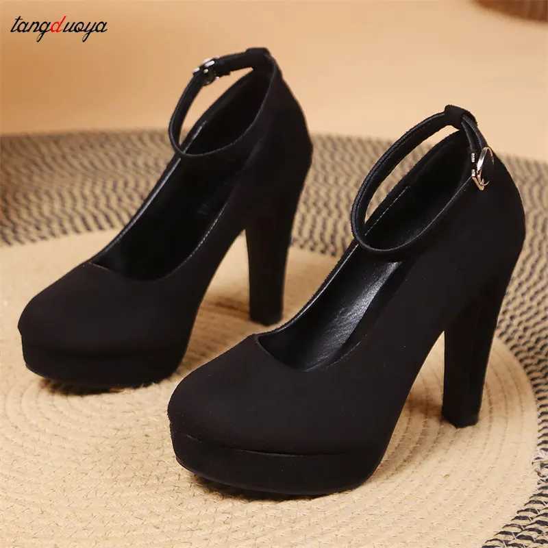 High Quality Platform Heels e Word Buckle Pointed Toe High Heels Sexy Platform Thin High Heels Womens Party Pump Professional Work Shoes Large Size 42