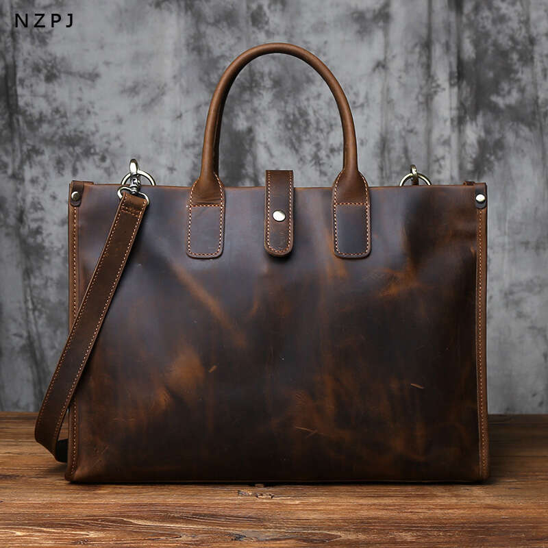 Vintage Genuine Men's Briefcase Natural Cowhide Handbag Crazy Horse Leather Computer Casual Crossbody Bag