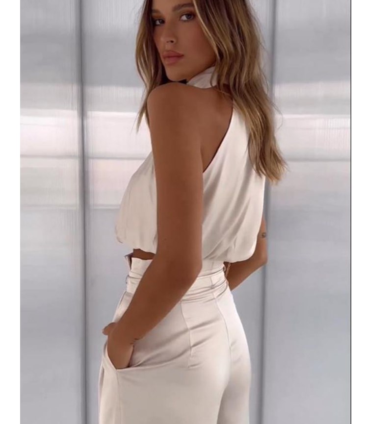 Womens Two Piece Pants Beige Elegant Sets Women Outfit Silk Pleated Texture Sleeveless Top Wide Leg Set HighCollar Summer Matchin