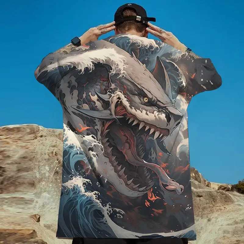Ukiyo-E T-Shirts For Men 3d Shark Print Mens Clothing Street Harajuku Tees Fashion Casual Short Sleeved Loose Oversized T-ShirtXJ250117