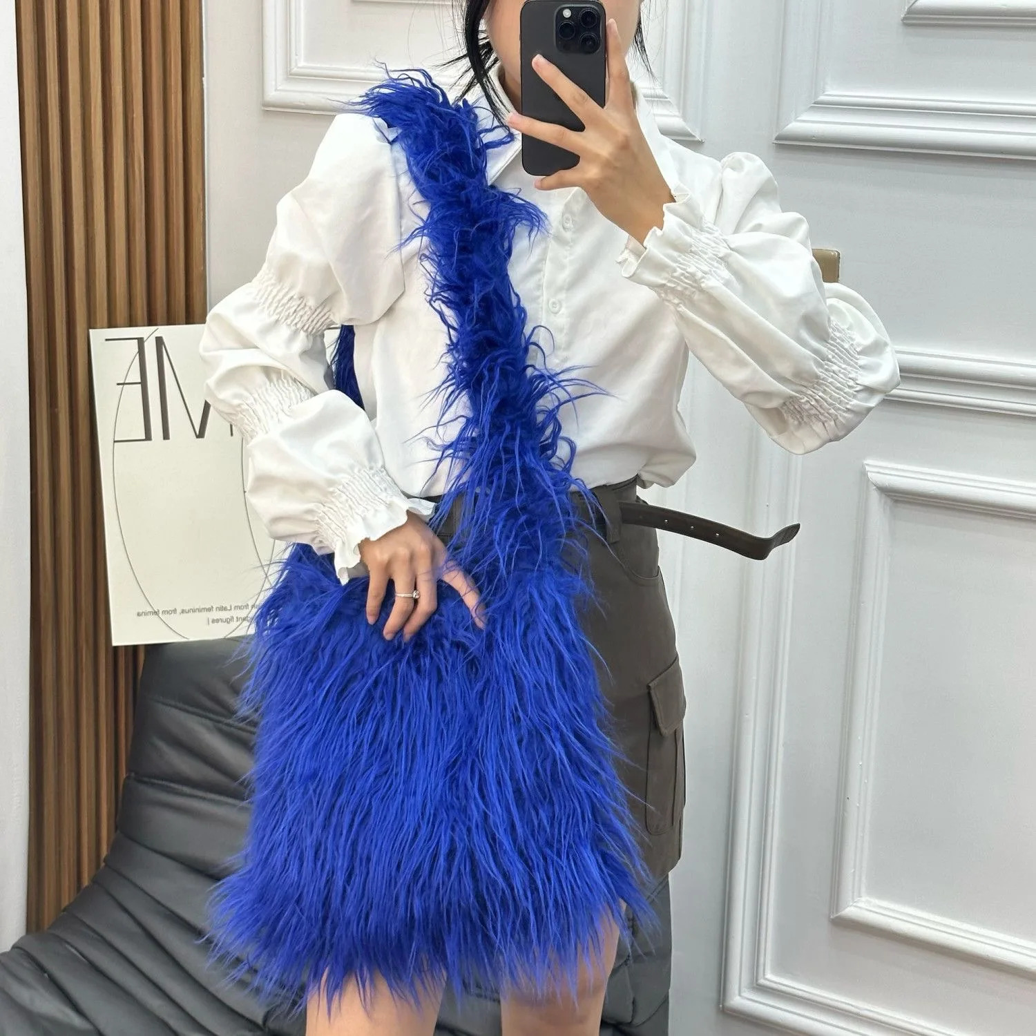 Faux Fur Bags for Women Vintage Y2k Tote Shoulder Bags Glossy Leather Shopper Handbags Woman Rhombic Bag 240926