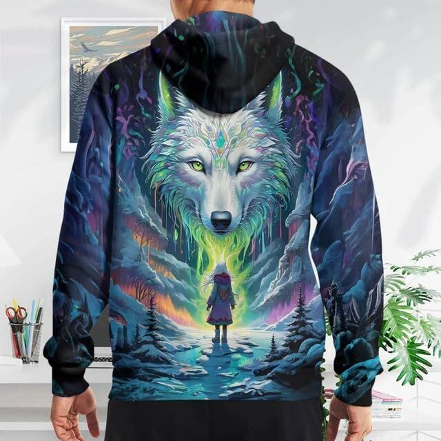 Hoodie for Mens Womens Wolf Hoodies For Men 3D Print Three Wolf Moon Adults Wolves Face Hooded Galaxy Sweatshirt Wolf Graphic Hoodies sweatshirt Pullo