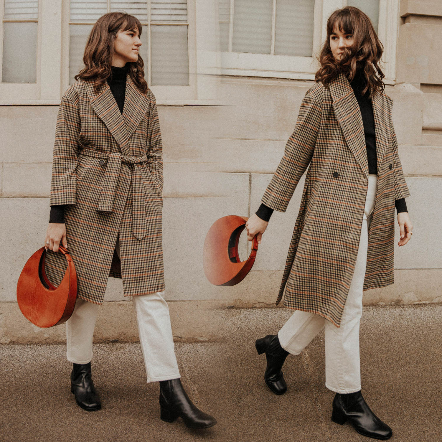 Woolen Coat For Women V Neck Loose Plaid Medium Long Coat Autumn Winter Sashes Women Business Party Dress Simple Formal Work Wear
