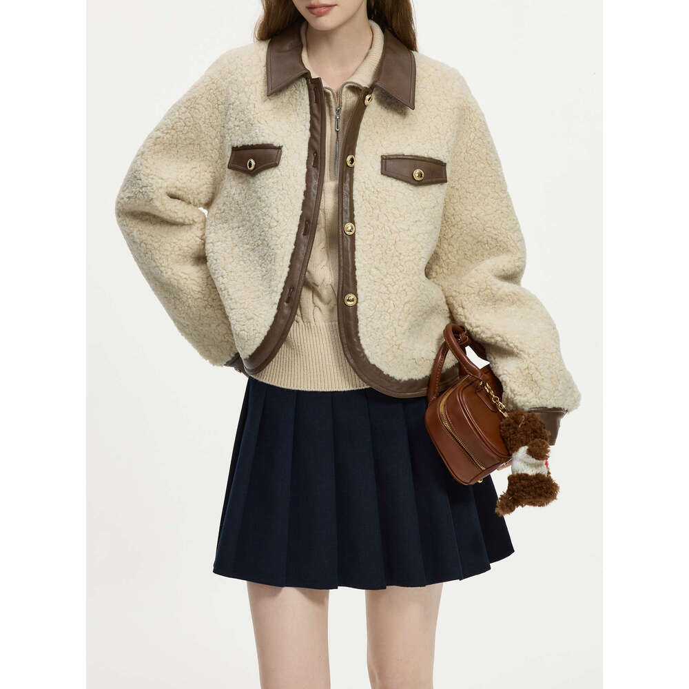 FSLE Office Lady Color Blocking Lapel Imitation Lamb Faux Fur One-Piece Short Jacket For Women's Winter 2024 New 24Fs14601