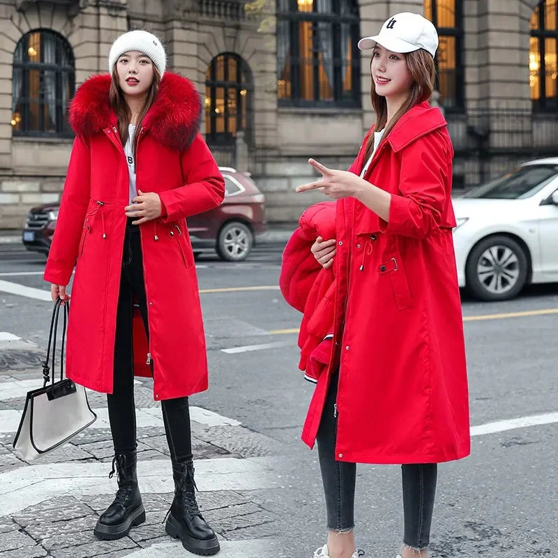 Winter Jacket Womens Parkas Thick Warm Fur Lining Long Coat Hooded Female Fleece Padded Parka Distachable Outwear 241021