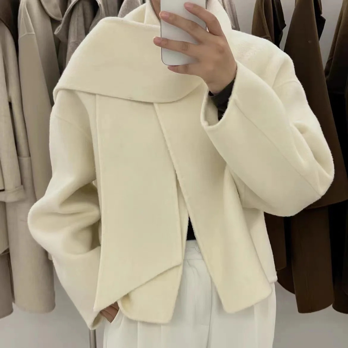 Scarf Short Beige Coat Women Autumn Patchwork Long Sleeve Loose Female Cardigan Elegant Double Sided Chic Streetwear