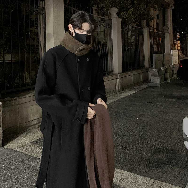 Mens cashmere patch work wool coat mens high-end stand collar casual loose Korean winter new elegant trench coat W241024