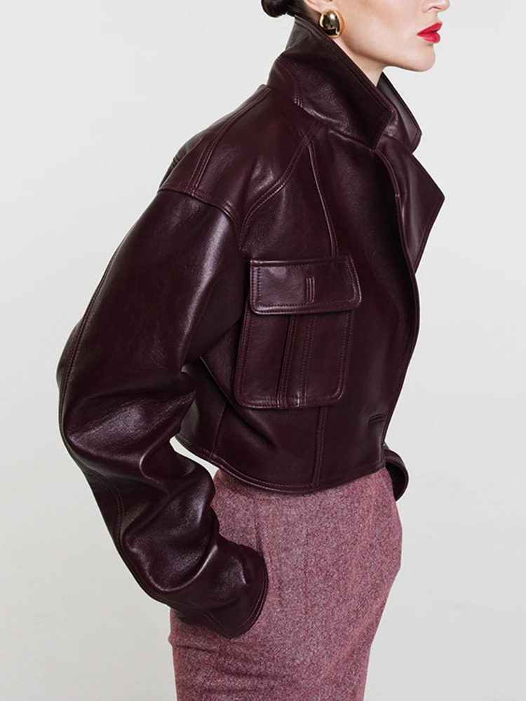 TWOTWINSTYLE Solid Patch Work Bag Womens Leather Chic Coat Collar Long Sleeve Splicing Button Short Jacket Womens Fashion 241025