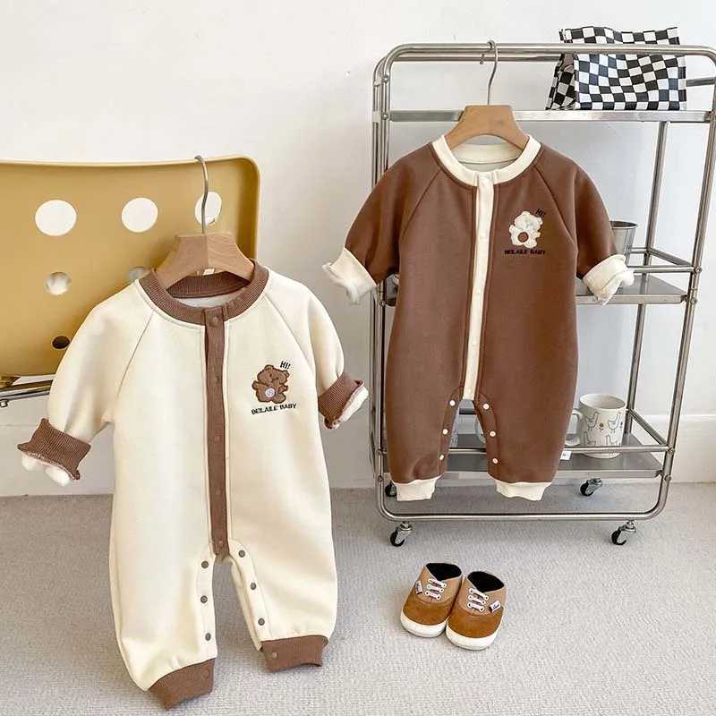 Baby Newborn Rompers Bear Embroidery Jumpsuit Super Cute Boys Plus Velvet Crler Suit Infant Autumn Winter Clothes 2024XJ241025