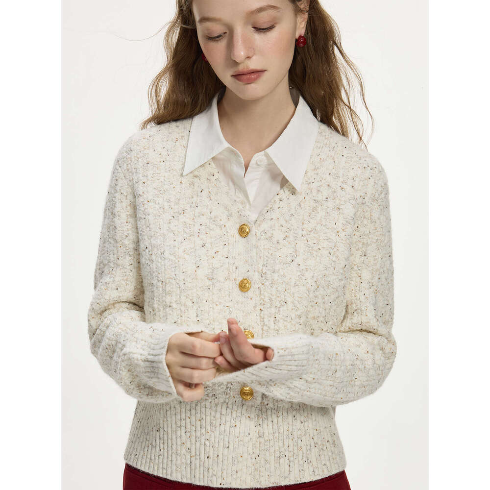 FSLE Beige Knitted Female Cardigan Autumn Winter 2024 New Twisted Wers Color Points V-Neck Versatile Casual Sweater 24Fs14158