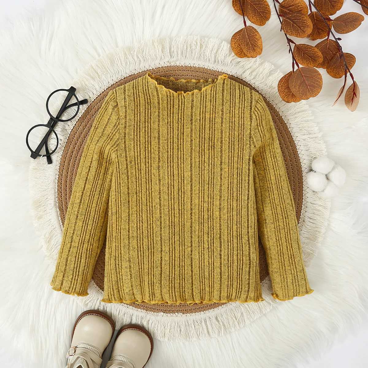 Spring and autumn boys and girls lace round neck long sleeved striped solid color knitted sweater fashionable and warm for children W241025