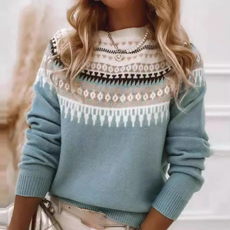 Ethnic Retro Geometric Print Patchwork Womens Sweater Autumn Round Neck Rib Knitwear Top Winter Long Sleeve Pullover Jumper 241021
