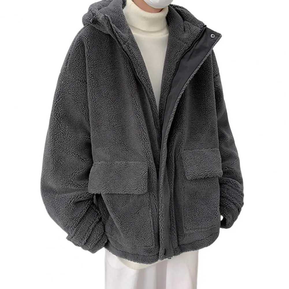 Versatile mens jacket mens hooded cotton jacket mens hooded imitation cashmere coat with pocket autumn and winter weather W241024