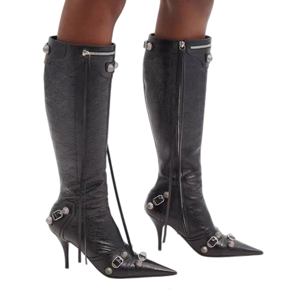 Black Pointed Toe Knee Boots hot for Women - Rivet Super High Heel Thin Heels Party Shoes
